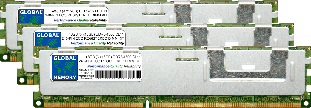 48GB (3 x 16GB) DDR3 1600MHz PC3-12800 240-PIN ECC REGISTERED DIMM (RDIMM) MEMORY RAM KIT FOR DELL SERVERS/WORKSTATIONS (6 RANK KIT CHIPKILL)